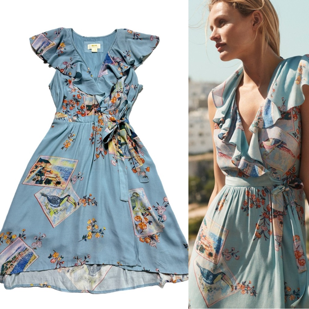 Anthropologie Rosalia Blue‎ Tropical Postcard Print Ruffle Dress 0